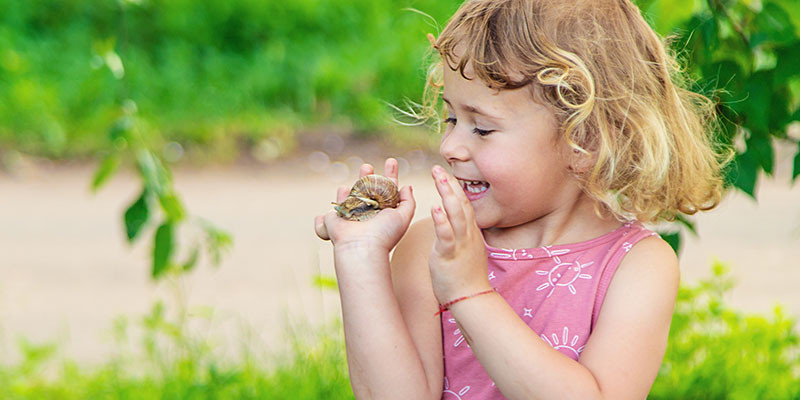 Image d'une petite fille avec un escargot sur la main, souriante et détendue grâce à l'accompagnement du cabinet dentaire de Joli-Bois.